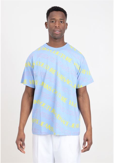 Light blue men's T-shirt with allover monogram print VERSACE JEANS COUTURE | 76GAH6R0JS296261